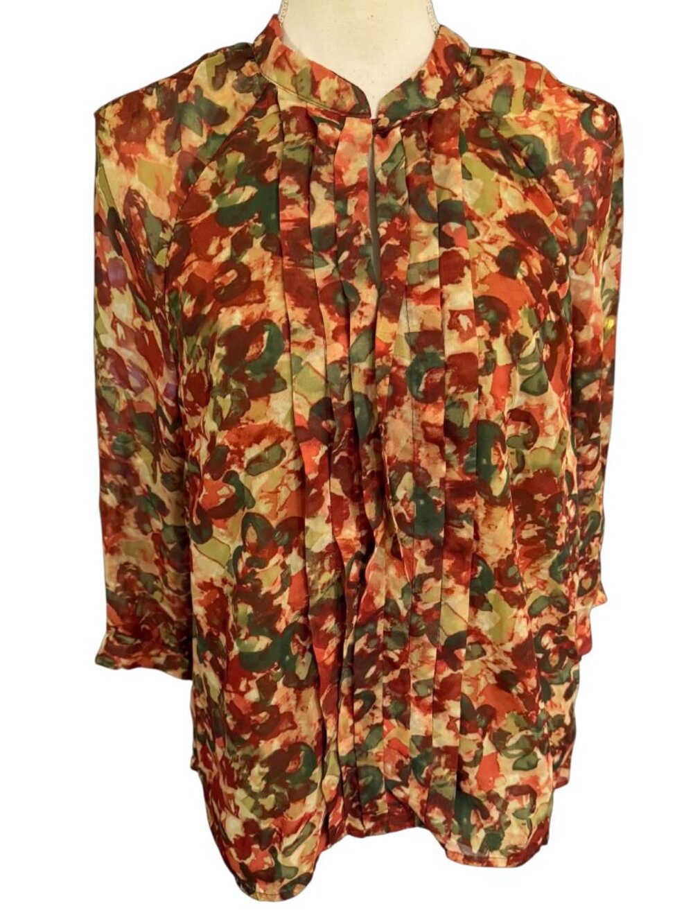 Coldwater Creek Sz L Autumn Blush Floral Lined Top 3/4 Sleeve Pleated Front